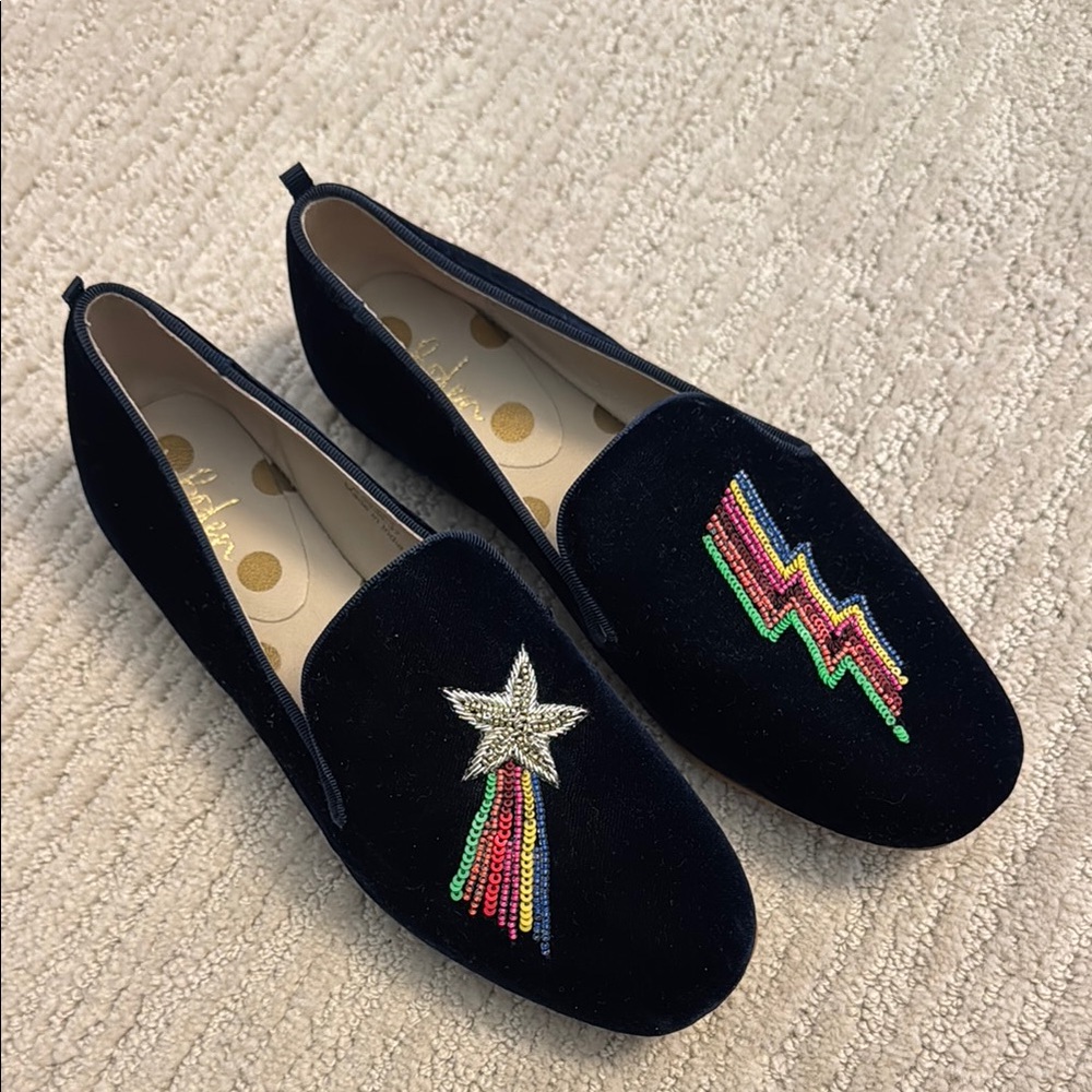 Boden dark blue Velvet Loafers with Embroidery